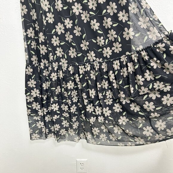 Easel Floral Tiered Ruffle Midi Skirt Chiffon Size L Lined Black Gray Boho Fairy - Picture 4 of 12